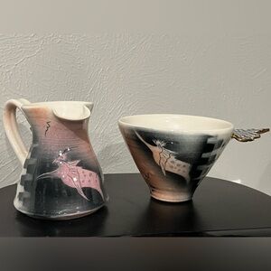 Elegant Ceramic cream and sugar Set with Pink and Black Design, Caroline Koons
